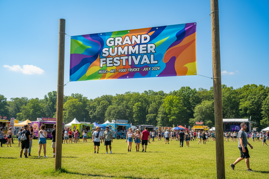 A rectangular banner with the text 'GRAND SUMMER FESTIVAL' in large white letters over a colorful abstract background. Smaller text below reads 'MUSIC - ART - FOOD TRUCKS - JULY 2024'.